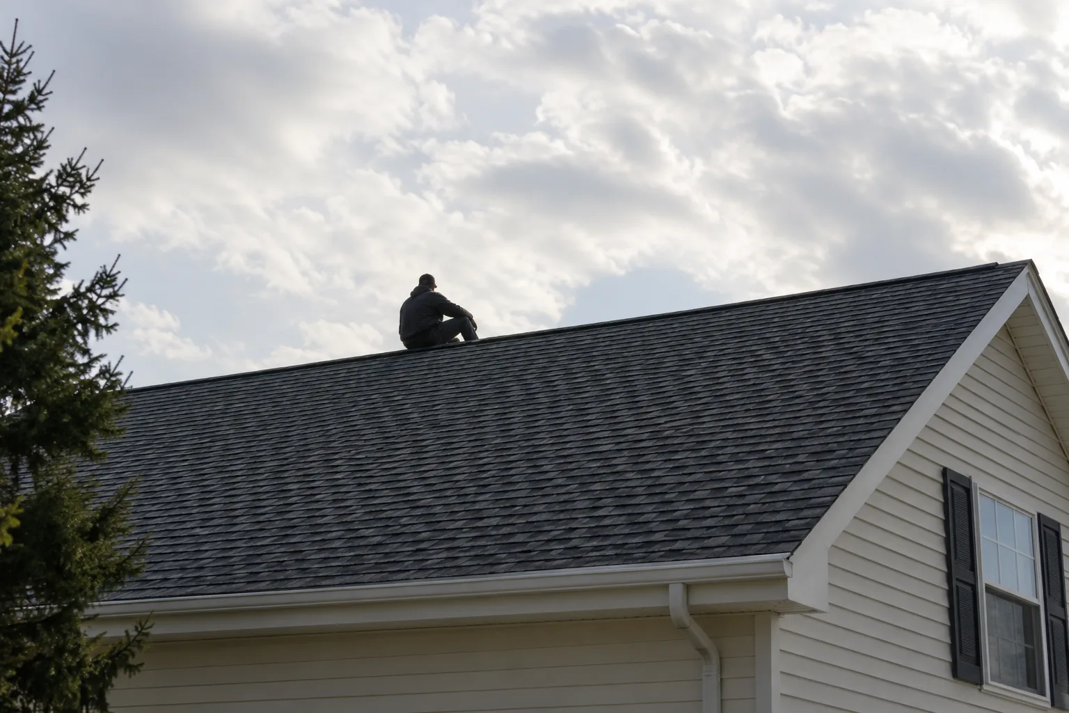 Backlit figure seated near a shingle roof ridge beneath a cloudy sky