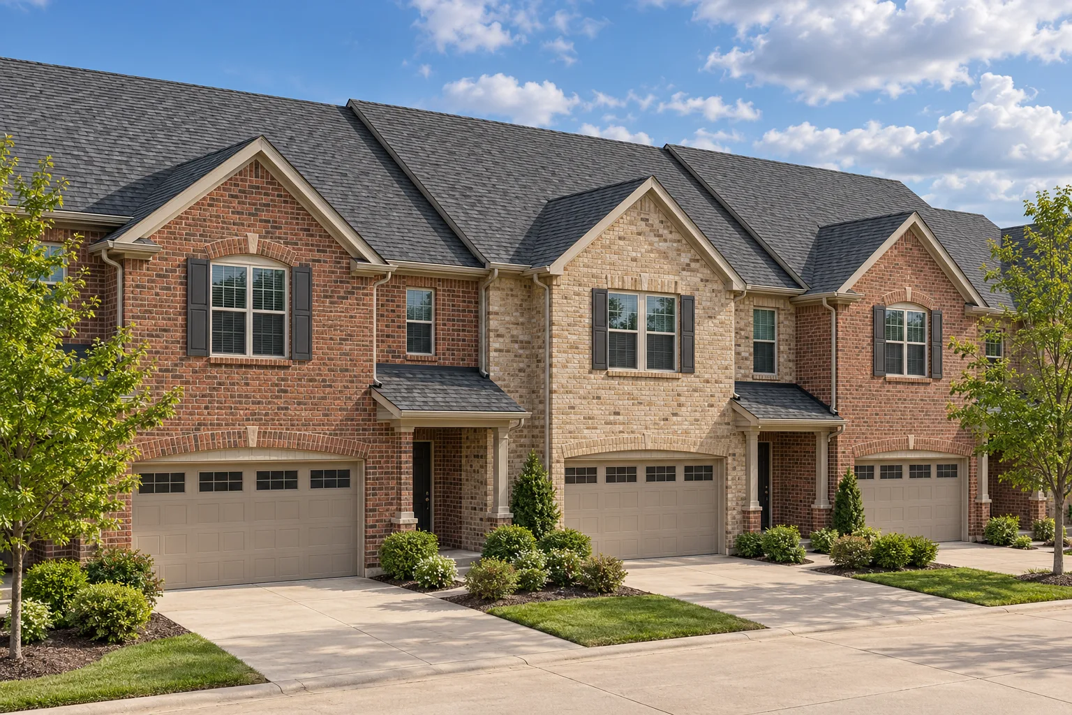 Illustrative attached brick townhomes with intersecting shingle roofs